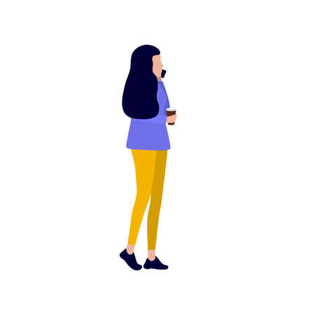 Woman talking on the phone and drinking coffee walking down the street. Vector illustration, flat design.のイラスト素材