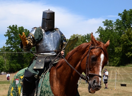SALINE, MI - JULY 14: Jouster requesting his sword at the jousting demonstration as part of the Saline Celtic Festival July 14, 2012 in Saline, MI.のeditorial素材