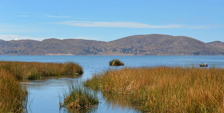LAKE TITICACA, PERU - AUGUST 6:  View from the reeds to the open portion of Lake Titicaca August 6, 2013. Lake Titicaca is the highest navigable lake in the world. のeditorial素材