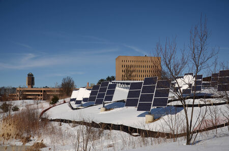 ANN ARBOR, MI - MARCH 3: Solar panels in winter at the north campus of the University of Michigan in ANn Arbor, MI on March 3, 2014, part of DTE Energy Solar Currents project. のeditorial素材