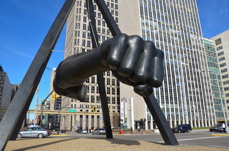 DETROIT, MI - DECEMBER 24: "The Fist," a monument to Joe Louis in Detroit, MI, shown here on December 24, 2015, is the work of sculptor Robert Graham.のeditorial素材