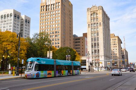 DETROIT, MI / USA - OCTOBER 21, 2017:  Detroitâs QLine, shown here, runs along Woodward Avenue in downtown Detroit.のeditorial素材