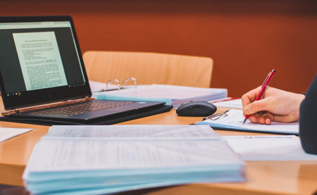 Student Writes His Homework at Home, Digital worldの写真素材