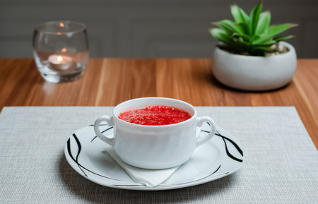 Strawberry Cream Soup, Fruit soup appetizer, hotel backgroundの写真素材
