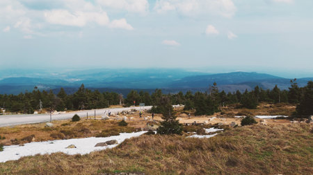 On Top of High mountains with snow and Trees In Germany, Shiny weatherの写真素材