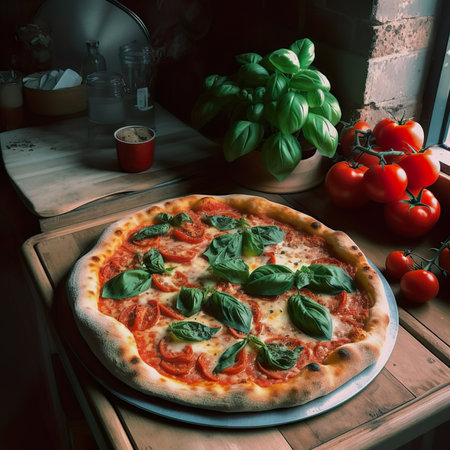 Fresh Homemade Italian Pizza Margherita with buffalo mozzarella and basilの写真素材