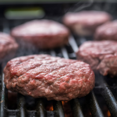 Delicious hamburger patty on grillの素材