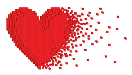 Heart shape symbol red color illustrated 3d cubes scattered from the right sideのイラスト素材