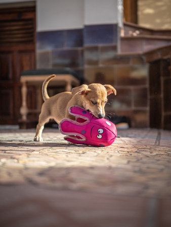 Puppy playing with a pink shoe on the floor at homeの写真素材