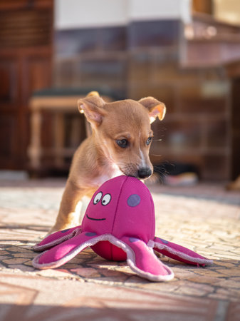 Funny puppy playing with a toy.の写真素材
