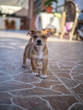 Chihuahua puppy standing on the floor in the garden.の写真素材