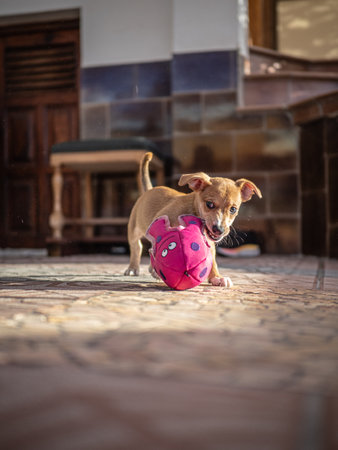Little puppy playing with a red ball.の写真素材