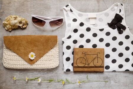 Overhead of essentials vintage woman. Outfit of casual woman.