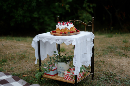 Strawberry cake Frazier on a wooden background with mint leavesの写真素材