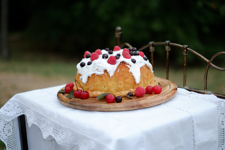 Strawberry cake Frazier on a wooden background with mint leavesの写真素材
