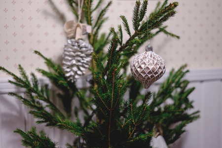 Decorated Christmas tree on blurred, sparkling and fairy backgroundの写真素材