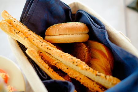 Traditional Italian snack, bread - grissini. Rolls for burgersの写真素材