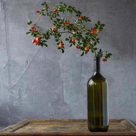 bottle with a rose hip on a gray and wooden backgroundの写真素材