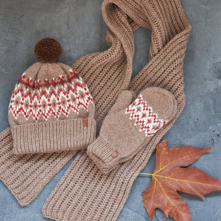 Handmade knitted hat mittens and a scarf isolatedの写真素材