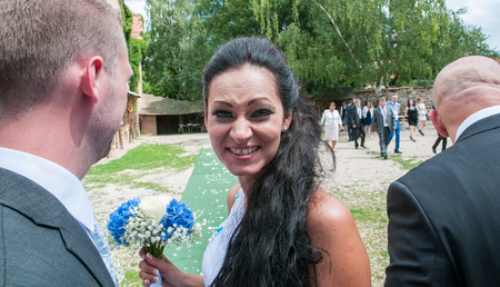 Prague, Czech Republic, July 29, 2017, the bride groom and guests at a rural wedding dayのeditorial素材