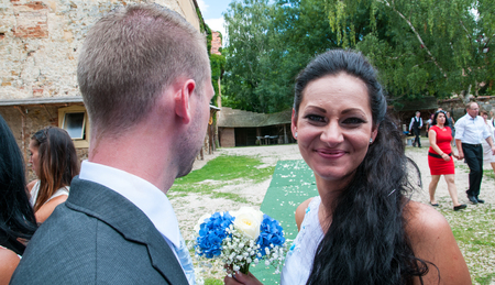 Prague, Czech Republic, July 29, 2017, the bride groom and guests at a rural wedding dayのeditorial素材