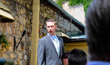 Prague, Czech Republic, July 29, 2017, the bride groom and guests at a rural wedding dayのeditorial素材
