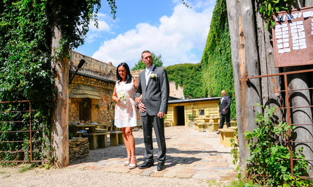 Prague, Czech Republic, July 29, 2017, the bride groom and guests at a rural wedding dayのeditorial素材