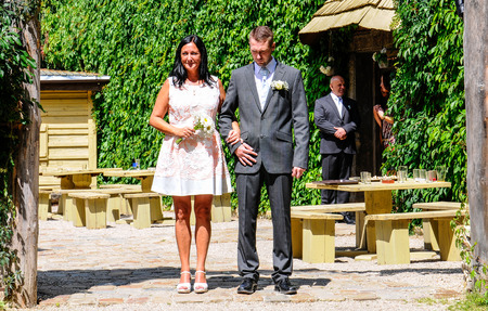 Prague, Czech Republic, July 29, 2017, the bride groom and guests at a rural wedding dayのeditorial素材