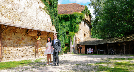 Prague, Czech Republic, July 29, 2017, the bride groom and guests at a rural wedding dayのeditorial素材