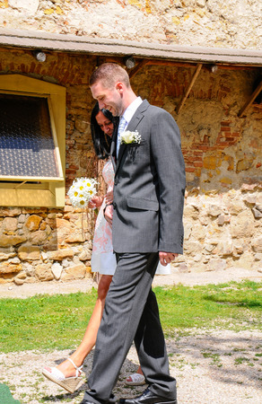 Prague, Czech Republic, July 29, 2017, the bride groom and guests at a rural wedding dayのeditorial素材