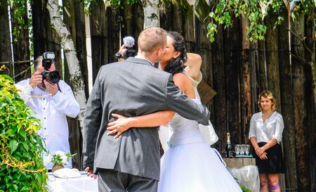 Prague, Czech Republic, July 29, 2017, the bride groom and guests at a rural wedding dayのeditorial素材
