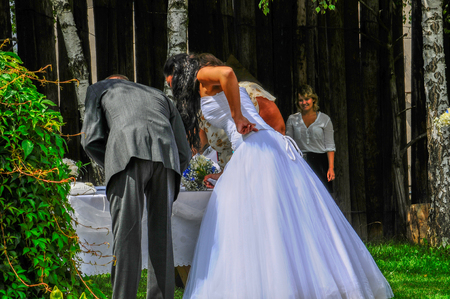 Prague, Czech Republic, July 29, 2017, the bride groom and guests at a rural wedding dayのeditorial素材