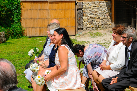 Prague, Czech Republic, July 29, 2017, the bride groom and guests at a rural wedding dayのeditorial素材