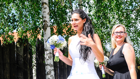 Prague, Czech Republic, July 29, 2017, the bride groom and guests at a rural wedding dayのeditorial素材