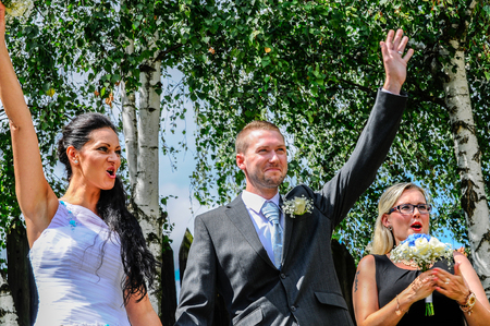 Prague, Czech Republic, July 29, 2017, the bride groom and guests at a rural wedding dayのeditorial素材