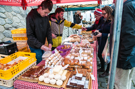 Farmers in the market in the center of Prague, Czech Republic, 3 February 2018, selling domestic and organic foodのeditorial素材