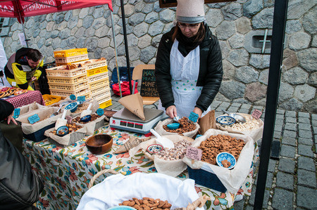 Farmers in the market in the center of Prague, Czech Republic, 3 February 2018, selling domestic and organic foodのeditorial素材
