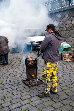 Farmers in the market in the center of Prague, Czech Republic, 3 February 2018, selling domestic and organic foodのeditorial素材