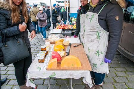 Farmers in the market in the center of Prague, Czech Republic, 3 February 2018, selling domestic and organic foodのeditorial素材