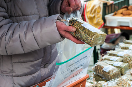 Farmers in the market in the center of Prague, Czech Republic, 3 February 2018, selling domestic and organic foodのeditorial素材
