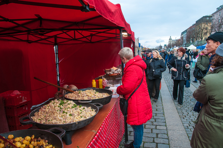 Farmers in the market in the center of Prague, Czech Republic, 3 February 2018, selling domestic and organic foodのeditorial素材