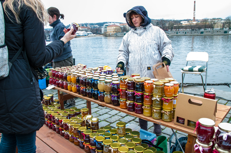 Farmers in the market in the center of Prague, Czech Republic, 3 February 2018, selling domestic and organic foodのeditorial素材