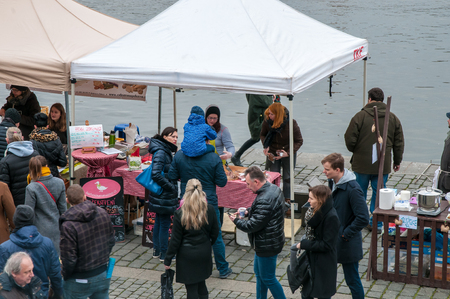 Farmers in the market in the center of Prague, Czech Republic, 3 February 2018, selling domestic and organic foodのeditorial素材