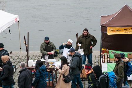 Farmers in the market in the center of Prague, Czech Republic, 3 February 2018, selling domestic and organic foodのeditorial素材