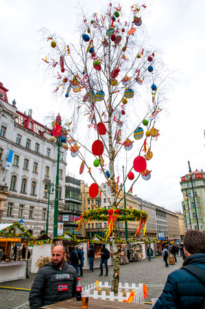 Prague, Czech Republic, March 14, 2018, outdoor sale of Easter items and gifts in the city centerのeditorial素材