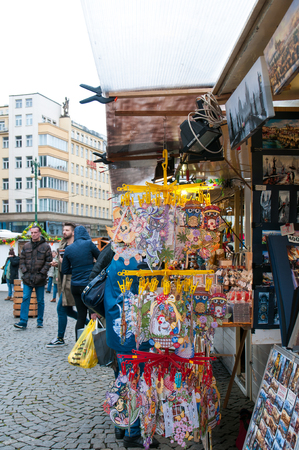 Prague, Czech Republic, March 14, 2018, outdoor sale of Easter items and gifts in the city centerのeditorial素材