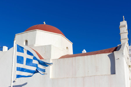 traditional white church in Mykonos island,Greeceの写真素材
