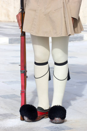 closeup of greek soldier's legs and his uniform の写真素材