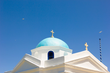 white church in mykonos island,Greeceの写真素材
