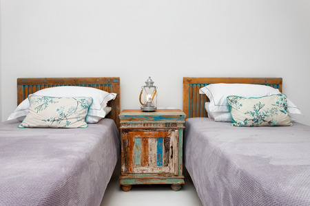 interior of a bedroom with beautiful decoration in a summer resort in Greeceの写真素材